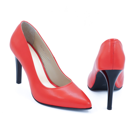 Pantofi dama din piele naturala rosie cu varf ascutit stiletto si toc inalt subtire de 9 cm 9557-10-26 [4]