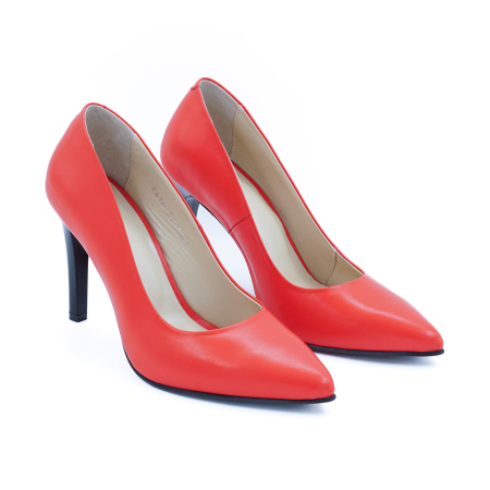 Pantofi dama din piele naturala rosie cu varf ascutit stiletto si toc inalt subtire de 9 cm 9557-10-26 [2]