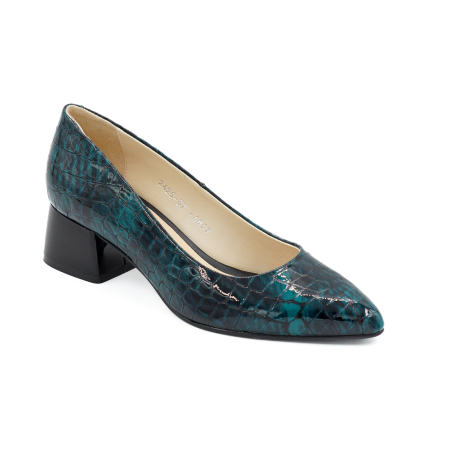 Pantofi dama din piele naturala croco lac verde inchis, cu varf ascutit stiletto si toc mic gros de 4 cm 4057-4-26 [1]