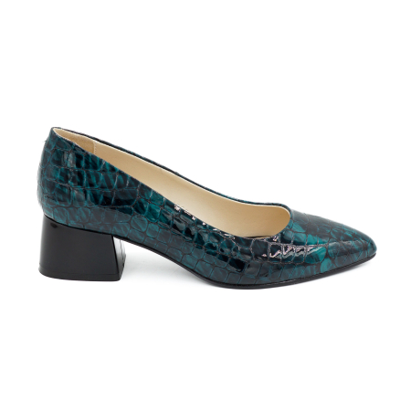 Lichidare stocuri - Pantofi dama din piele naturala croco lac verde inchis, cu varf ascutit stiletto si toc mic gros de 4 cm 4057-4-26