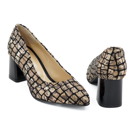 Pantofi dama din piele naturala neagra cu imprimeu animal print, cu varf ascutit stiletto si toc mic gros de 6 cm 6057-4-26 [4]