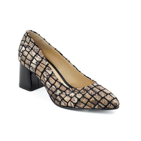 Pantofi dama din piele naturala neagra cu imprimeu animal print, cu varf ascutit stiletto si toc mic gros de 6 cm 6057-4-26 [1]