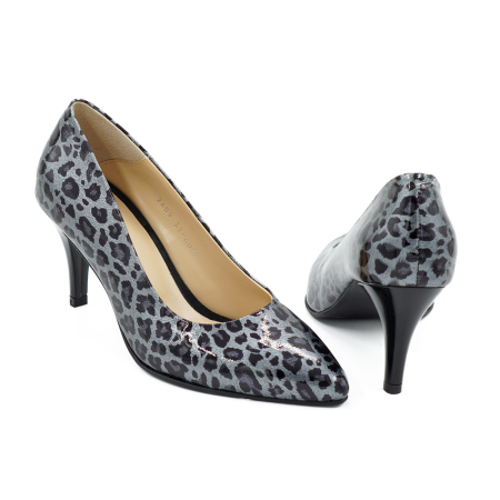 Pantofi dama din piele naturala lacuita gri cu imprimeu leopard, cu varf ascutit stiletto si toc mic subtire de 6 cm 6057-3-26 [4]