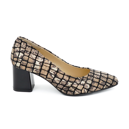 Dama - Pantofi dama din piele naturala neagra cu imprimeu animal print, cu varf ascutit stiletto si toc mic gros de 6 cm 6057-4-26