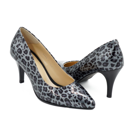 Pantofi dama din piele naturala lacuita gri cu imprimeu leopard, cu varf ascutit stiletto si toc mic subtire de 6 cm 6057-3-26 [3]