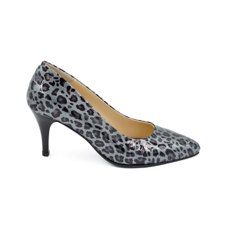Dama - Pantofi dama din piele naturala lacuita gri cu imprimeu leopard, cu varf ascutit stiletto si toc mic subtire de 6 cm 6057-3-26