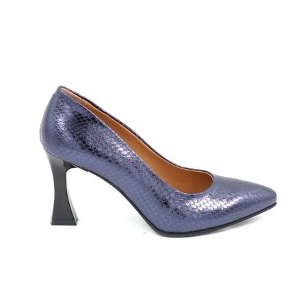 Pantofi dama - Pantofi dama din piele naturala cu imprimeu sarpe bleumaren metalizat cu varf ascutit stileto si toc mediu subtire 8 cm 8057-3