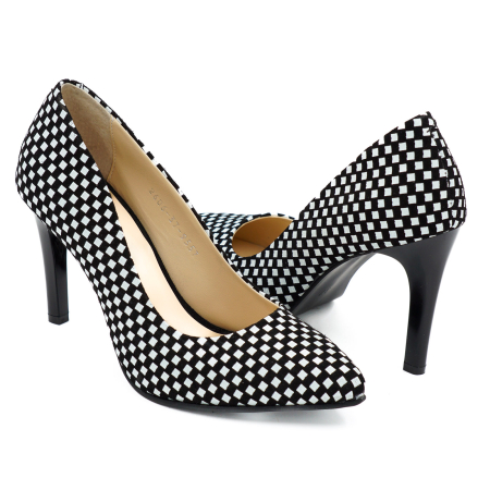 Pantofi dama din piele naturala neagra cu patrate albe, cu varf ascutit stiletto si toc inalt subtire 9 cm 9557-17-26 [3]