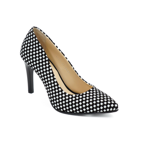 Pantofi dama din piele naturala neagra cu patrate albe, cu varf ascutit stiletto si toc inalt subtire 9 cm 9557-17-26 [1]