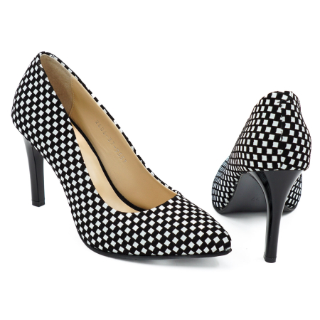 Pantofi dama din piele naturala neagra cu patrate albe, cu varf ascutit stiletto si toc inalt subtire 9 cm 9557-17-26 [4]