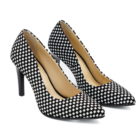 Pantofi dama din piele naturala neagra cu patrate albe, cu varf ascutit stiletto si toc inalt subtire 9 cm 9557-17-26 [2]