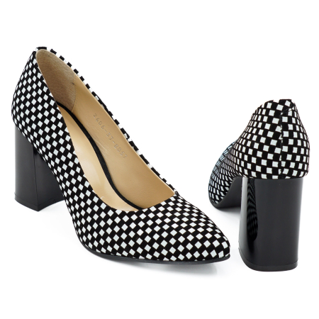 Pantofi dama din piele naturala neagra cu patrate albe, cu varf ascutit stiletto si toc mediu gros de 8 cm 8057-12-26 [4]