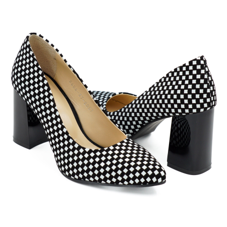 Pantofi dama din piele naturala neagra cu patrate albe, cu varf ascutit stiletto si toc mediu gros de 8 cm 8057-12-26 [3]