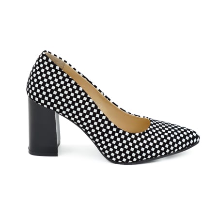 Pantofi elegant & office dama - Pantofi dama din piele naturala neagra cu patrate albe, cu varf ascutit stiletto si toc mediu gros de 8 cm 8057-12-26