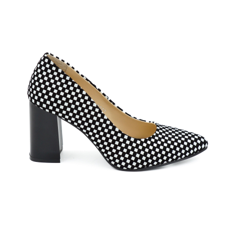 Pantofi dama - Pantofi dama din piele naturala neagra cu patrate albe, cu varf ascutit stiletto si toc mediu gros de 8 cm 8057-12-26