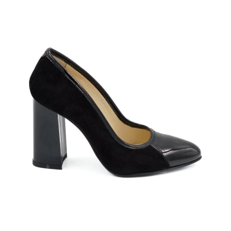 Pantofi elegant & office dama - Pantofi dama din piele naturala lacuita si intoarsa neagra, cu varf ascutit stiletto si toc inalt gros 9 cm 51420-26