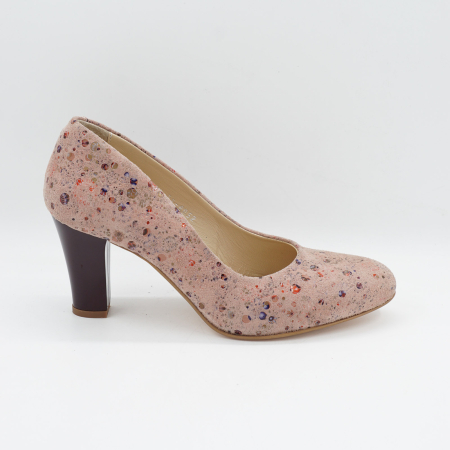 Pantofi dama - Pantofi dama din piele naturala nude roze cu imprimeu, cu varf rotund si toc mediu subtire 8 cm 8052-3-26