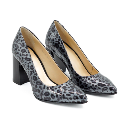 Pantofi dama din piele naturala lacuita gri cu imprimeu leopard cu varf ascutit stiletto si toc mediu gros de 8 cm 8057-5-26 [2]