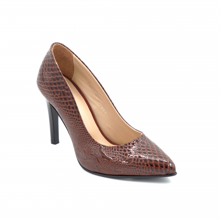 Pantofi dama din piele naturala lacuita cu imprimeu croco maro cu varf ascutit stiletto si toc inalt subtire de 9 cm 9557-4-25 [1]