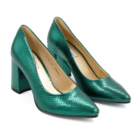 Pantofi dama din piele naturala verde metalizat, cu varf ascutit stiletto si toc mediu gros imbracat de 8 cm 8057-15-26 [2]