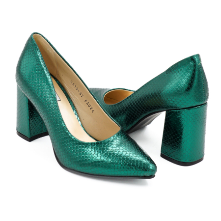 Pantofi dama din piele naturala verde metalizat, cu varf ascutit stiletto si toc mediu gros imbracat de 8 cm 8057-15-26 [3]