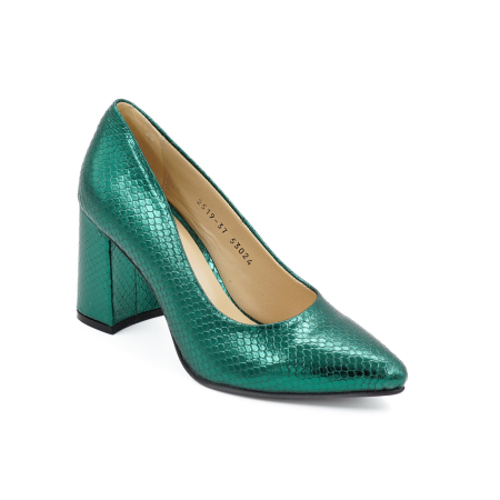 Pantofi dama din piele naturala verde metalizat, cu varf ascutit stiletto si toc mediu gros imbracat de 8 cm 8057-15-26 [1]