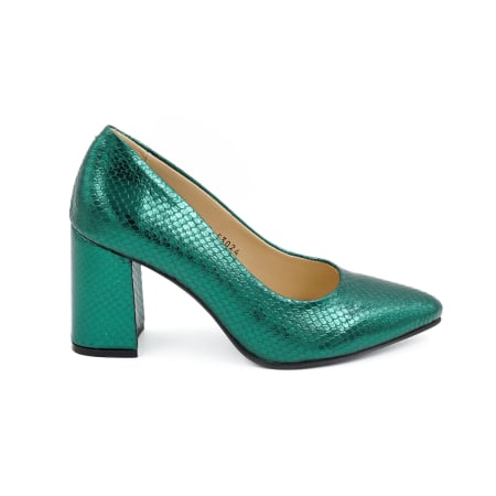 Pantofi elegant & office dama - Pantofi dama din piele naturala verde metalizat, cu varf ascutit stiletto si toc mediu gros imbracat de 8 cm 8057-15-26