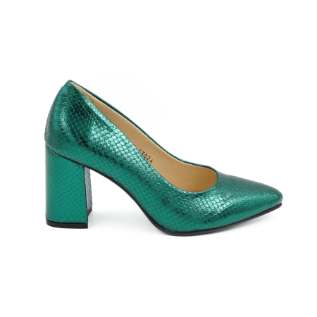 Pantofi dama - Pantofi dama din piele naturala verde metalizat, cu varf ascutit stiletto si toc mediu gros imbracat de 8 cm 8057-15-26