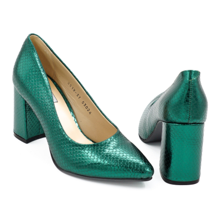 Pantofi dama din piele naturala verde metalizat, cu varf ascutit stiletto si toc mediu gros imbracat de 8 cm 8057-15-26 [4]