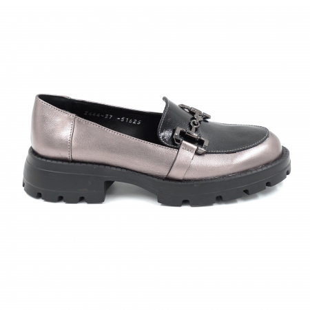 Pantofi casual & sport dama - Pantofi dama casual loafers din piele naturala bronz metalizat si neagra cu varf rotund si talpa de 3 cm 51625-25