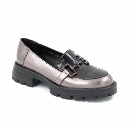 Pantofi dama casual loafers din piele naturala bronz metalizat si neagra cu varf rotund si talpa de 3 cm 51625-25 [1]