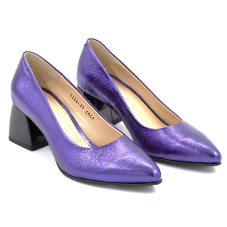 Pantofi dama din piele naturala mov metalizat cu varf ascutit stiletto si toc mic gros de 6 cm 6057-12-25 [2]