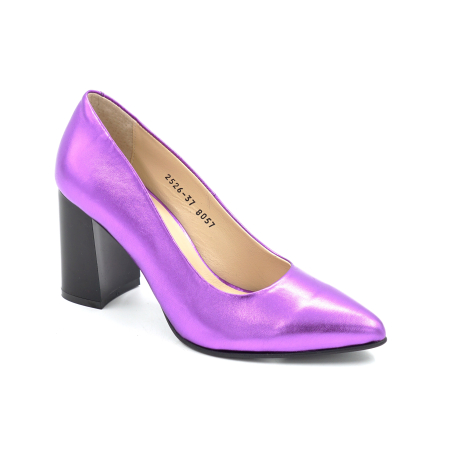 Pantofi dama din piele naturala mov metalizat cu varf ascutit stiletto si toc mediu gros de 8 cm 8057-11-25 [1]