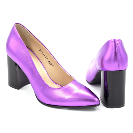Pantofi dama din piele naturala mov metalizat cu varf ascutit stiletto si toc mediu gros de 8 cm 8057-11-25 [4]