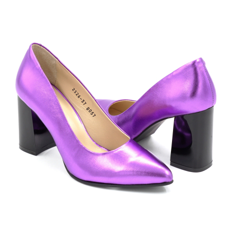 Pantofi dama din piele naturala mov metalizat cu varf ascutit stiletto si toc mediu gros de 8 cm 8057-11-25 [3]