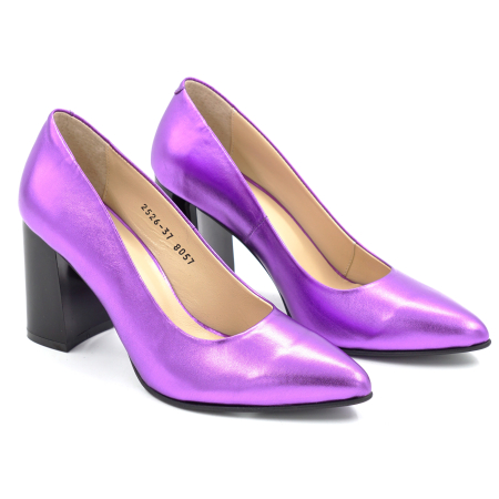 Pantofi dama din piele naturala mov metalizat cu varf ascutit stiletto si toc mediu gros de 8 cm 8057-11-25 [2]