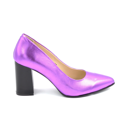 Dama - Pantofi dama din piele naturala mov metalizat cu varf ascutit stiletto si toc mediu gros de 8 cm 8057-11-25