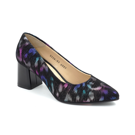 Pantofi dama din piele naturala neagra cu imprimeu multicolor cu varf ascutit  stiletto si toc mic gros de 6 cm 6057-11-25 [1]