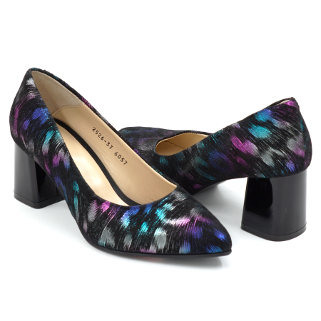 Pantofi dama din piele naturala neagra cu imprimeu multicolor cu varf ascutit  stiletto si toc mic gros de 6 cm 6057-11-25 [3]
