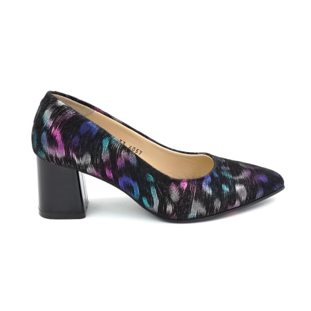 Pantofi dama - Pantofi dama din piele naturala neagra cu imprimeu multicolor cu varf ascutit  stiletto si toc mic gros de 6 cm 6057-11-25