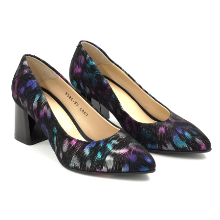 Pantofi dama din piele naturala neagra cu imprimeu multicolor cu varf ascutit  stiletto si toc mic gros de 6 cm 6057-11-25 [2]