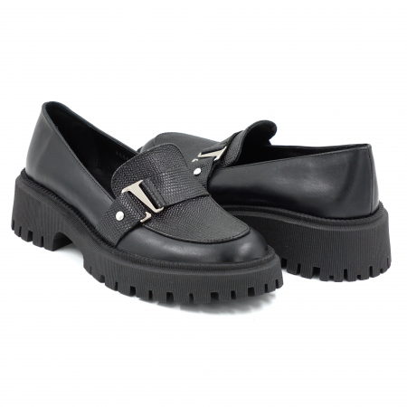 Pantofi dama casual loafers din piele naturala neagra cu varf rotund si talpa de 4 cm 52225-25 [3]