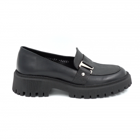 Pantofi casual & sport dama - Pantofi dama casual loafers din piele naturala neagra cu varf rotund si talpa de 4 cm 52225-25