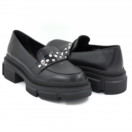 Pantofi dama casual loafers din piele naturala neagra cu varf rotund si talpa de 4 cm 53125-25 [3]