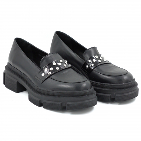Pantofi dama casual loafers din piele naturala neagra cu varf rotund si talpa de 4 cm 53125-25 [2]