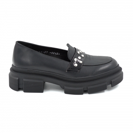 Pantofi casual & sport dama - Pantofi dama casual loafers din piele naturala neagra cu varf rotund si talpa de 4 cm 53125-25