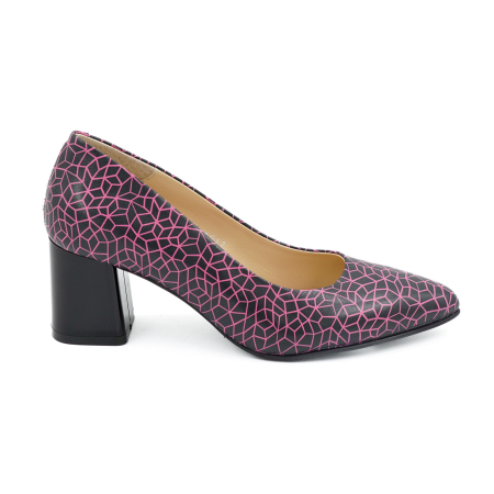 Pantofi dama - Pantofi dama din piele naturala neagra cu imprimeu fucsia, cu varf ascutit stiletto si toc mic gros de 6 cm 6057-5-26