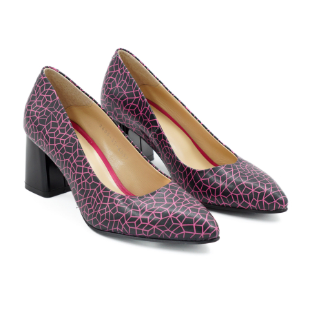 Pantofi dama din piele naturala neagra cu imprimeu fucsia, cu varf ascutit stiletto si toc mic gros de 6 cm 6057-5-26 [2]