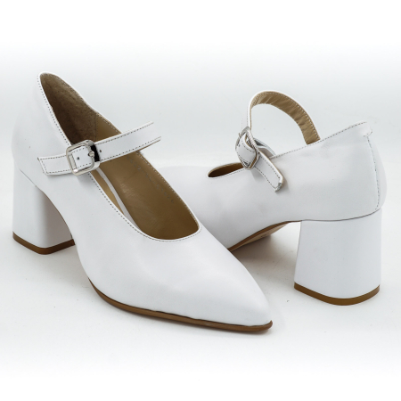 Pantofi dama din piele naturala alba, cu varf ascutit stiletto si toc mic gros imbracat de 6 cm 51626-26 [3]