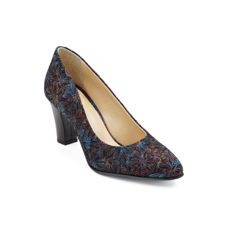 Pantofi dama din piele naturala neagra cu imprimeu, cu varf ascutit si toc mediu gros de 7 cm 0449-1-26 [1]